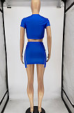 Fashion Drawsting Printing Dew Waist Short Sleeve Skirts Sets AA5234