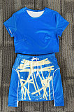Fashion Drawsting Printing Dew Waist Short Sleeve Skirts Sets AA5234