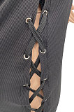 Club Women Eyelet Bandage Sexy Ribber Turn-Down Collar Sleeveless Mini Dress MLM9067
