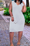 Euramerican Women V Neck Pure Color Sleeveless Mini Dress JR3617