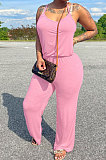 Euramerican Women Pure Color Cotton Casual Trendy Condole Belt Drawsting Wide Leg Jumpsuits MLM9066