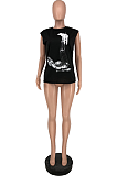 Street Fashion Print Sleeveless Round Neck Black T-Shirt ZZS8379