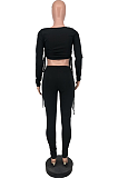 Fashion Black Pull Rope Sexy Solid Color Long Sleeve Pant sets ZZS8374