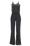 Euramerican Women Pure Color Cotton Casual Trendy Condole Belt Drawsting Wide Leg Jumpsuits MLM9066