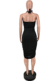 Fashion Black Sexy Pleated  Neck Hanging Dress ZZS8375