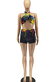Women Fashion Splash-Ink Textile Printing Off Shoulder Backless Bind Shorts Sets AA5247