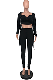 Fashion Black Pull Rope Sexy Solid Color Long Sleeve Pant sets ZZS8374