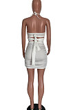 Sexy Pure Color Spliced Condole Belt V Neck Cultivate One's Morality Cross Skirts Sets HM5473
