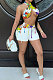 Women Fashion Splash-Ink Textile Printing Off Shoulder Backless Bind Shorts Sets AA5247