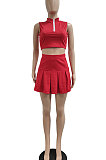 Casual Pure Color Small Stand Collar Zipper Sleeveless Pleated Skirt Two-Pieces JP1039