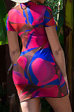 Sexy Net Yarn Printing Sand Beach Short Sleeve Mini Dress JP1040