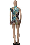 Trendy Sexy Ruffle Printing V Neck Cultivate One's Morality Zipper Romper Shorts BE8035
