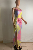 Fashion Women Tie Dye Print Vest Open Fork Dress OMM1063