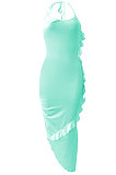 Pure Color Flounce Shirred Detail Midi Dress NK245