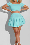 Sexy A Word Shoulder Short Sleeve Pleated Skirt Two-Piece L0352
