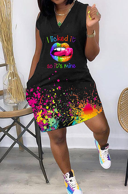 Women Fashion Casual Splash-Ink Lips Butterfly Printing Mini Dress GHH050