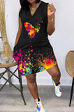 Women Fashion Casual Splash-Ink Lips Butterfly Printing Mini Dress GHH050