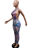 Fashion Print Cultivate One's Morality Hang A Neck Jumpsuits F8363