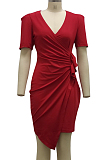 Fashion Pure Color White Collar Workers V Neck Dress SMR10190 