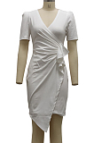 Fashion Pure Color White Collar Workers V Neck Dress SMR10190 