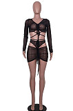 Sexy Fashion Knotted Strap Perspective Net Yarn Skirts Sets MA6690