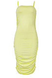 Pure Color Trendy Condole Belt Shirred Detail Midi Dress MA6703