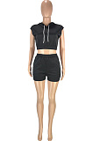 Fashion Casual Pure Color Hoodie T Shorts Pocket Two-Piece SM9186