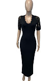 V Neck Lace Spliced Short Sleeve Cultivate One's Morality Sexy Long Dress Q884