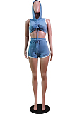Fashion Pure Color Hoodie Vest Shorts Two-Piece WY6799