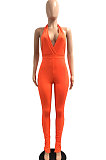Sexy Backless Pure Color Ruffle Open Fork Pit Bar Bodycon Jumpsuits JP1041
