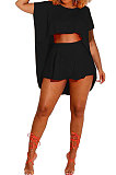 Trendy Casual Pure Color Round Neck Loose Batwing Sleeve Top Shorts Sets MR2092