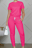 Fashion Casual Pure Color Round Neck Short Long Pants Sets WY6762