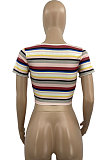 Bind Stripe Cultivate One's Morality Short Sleeve Crop Tops AD0511