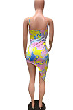 Sexy Colorful Printing Condole Belt Hypotenuse Milk Silk Mini Dress FM6214