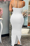 Pure Color Condole Belt Open Fork Package Buttocks Long Dress CY1330