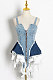 Sexy Contrast Color Spliced Cowboy Zipper Lower Hem Irregular Collect Waist Mini Dress TVE24937