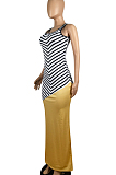 Summer Casual Sleeveless Vest Spliced Positioning Print Long Dress E8599