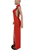 Pure Color Sexy Open Fork Sleeveless Personality Long Dress PU6081