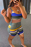 Color Striped Sleeveless U-Neck Thread Shorts Sets  QQX1211