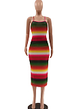 Fashion Rainbow Print Sling Backless Dress LSZ91161