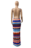 Sexy Colorful Striped Print Dress With Halter Back BDF8076