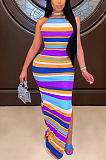 Sexy Colorful Striped Print Dress With Halter Back BDF8076
