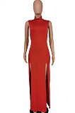 Pure Color Sexy Open Fork Sleeveless Personality Long Dress PU6081