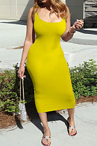 Women Pure Color Vest Dew Waist Shirred Detail Midi Dress HR8171