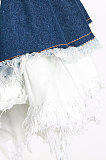 Sexy Contrast Color Spliced Cowboy Zipper Lower Hem Irregular Collect Waist Mini Dress TVE24937