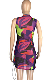 Shirred Detail Net Yarn Printint Sexy Dress LMM8242