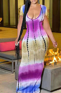 Tie Dye Fashion Sexy V Neck Short Sleeve Long Dress LJJ6062