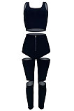 Pure Color Fashion Sport Hollow Out Zipper Vest Long Pants Sets GL6387