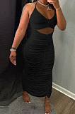 Women Casual Pure Color Condole Belt Shirred Detail Midi Dress GLS7034
