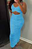 Women Casual Pure Color Condole Belt Shirred Detail Midi Dress GLS7034